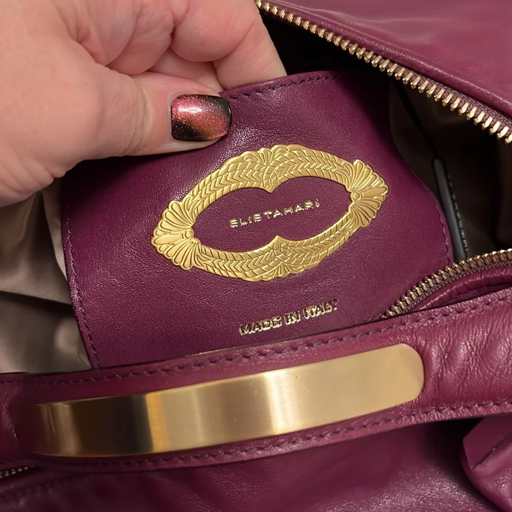 Elie Tahari NWT Leather and Brass Hobo Bag in Auburgine/Eggplant Color